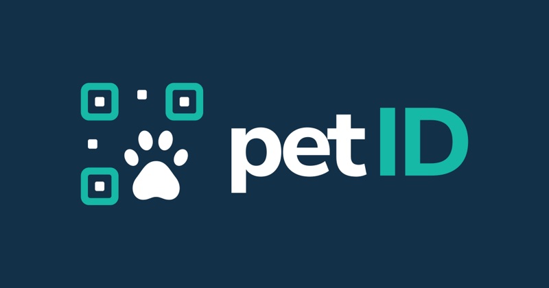 Imagen de portada de petID: logotipo con un código QR y una huella de mascota sobre fondo azul oscuro